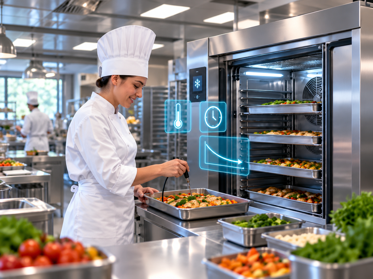 Cheffe utilisant une cellule de refroidissement rapide en cuisine professionnelle pour maîtriser la sécurité alimentaire.